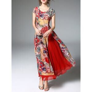 FLORYDAY Maxi Dress Cap Sleeve Floral Abstract Print in Multicolor Women's Large
